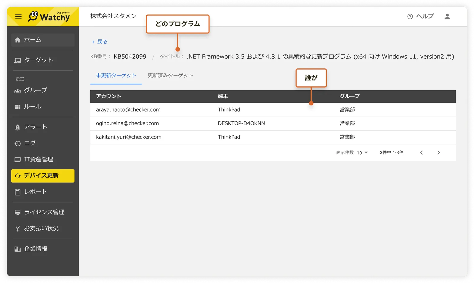 Watchyのデバイス更新画面。更新プログラムごとにインストール状況が確認可能で、未更新プログラムがある端末が一覧表示される。影響を受ける端末を迅速に特定し、未更新のセキュリティリスクを軽減可能。