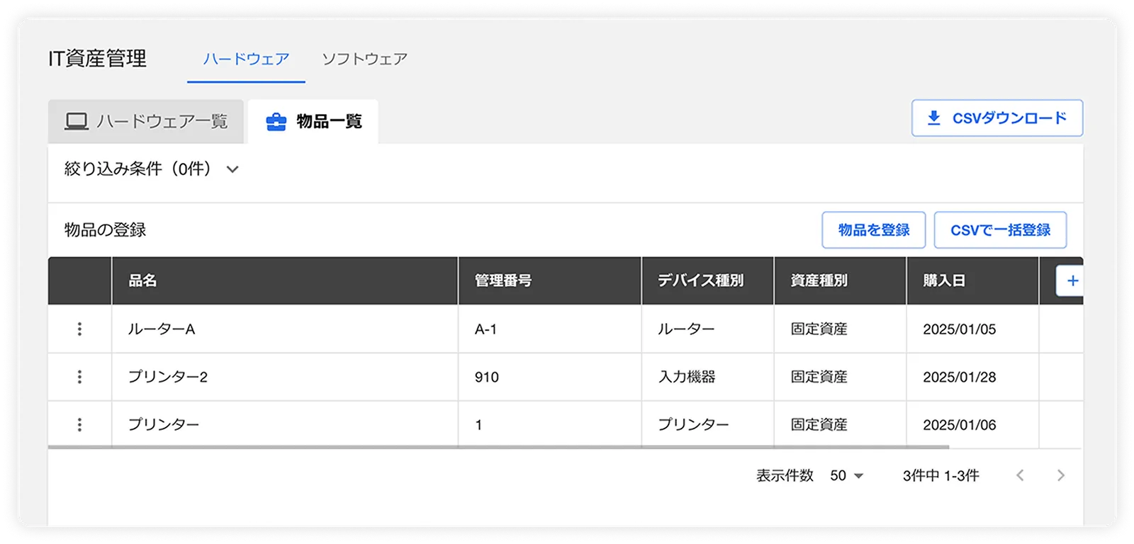 プリンターやルーターなどの物品も一元管理