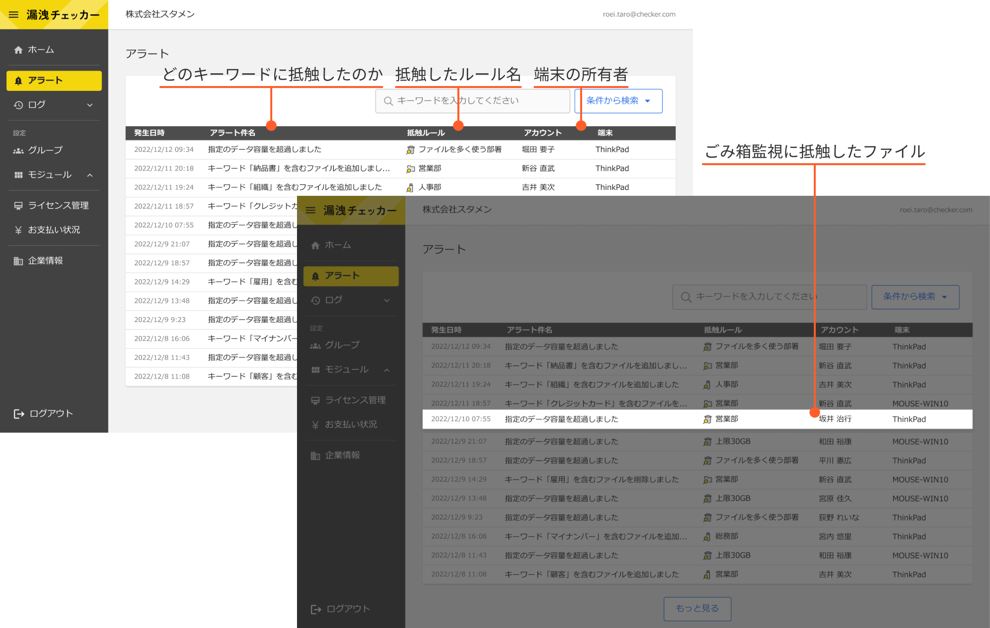 ”ごみ箱監視のアラート画面”