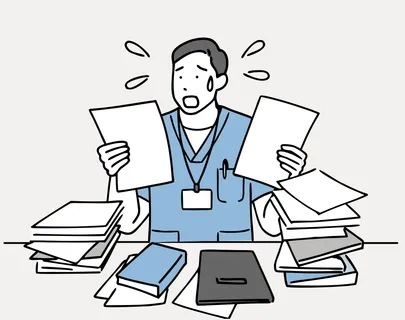 多忙で書類に追われる医療従事者のイラスト